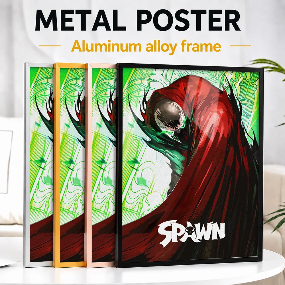 Spawn Red Cape And Green Energy Framed Metal Print Personalized Illustrated Wall Art For Media Room, Comic Book Collector Gift
