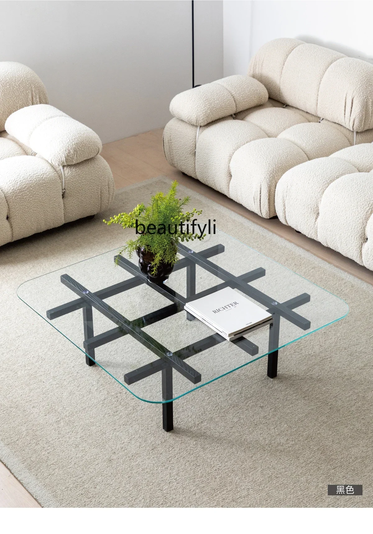 Coffee table solid wood designer creative Italian high-end sense, artistic glass square coffee table blue