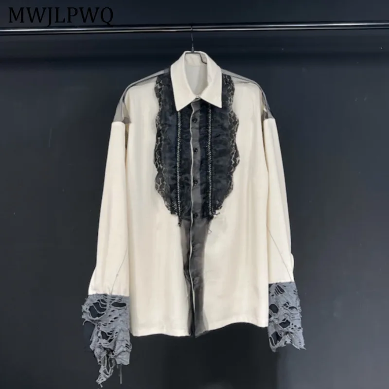

MWJLPWQ 2025 кружевная плиссированная дизайнерская рубашка с рюшами, мужская новая уличная одежда с длинными рукавами, модные плиссированные ленты с отверстиями, элегантные осенние топы 11380