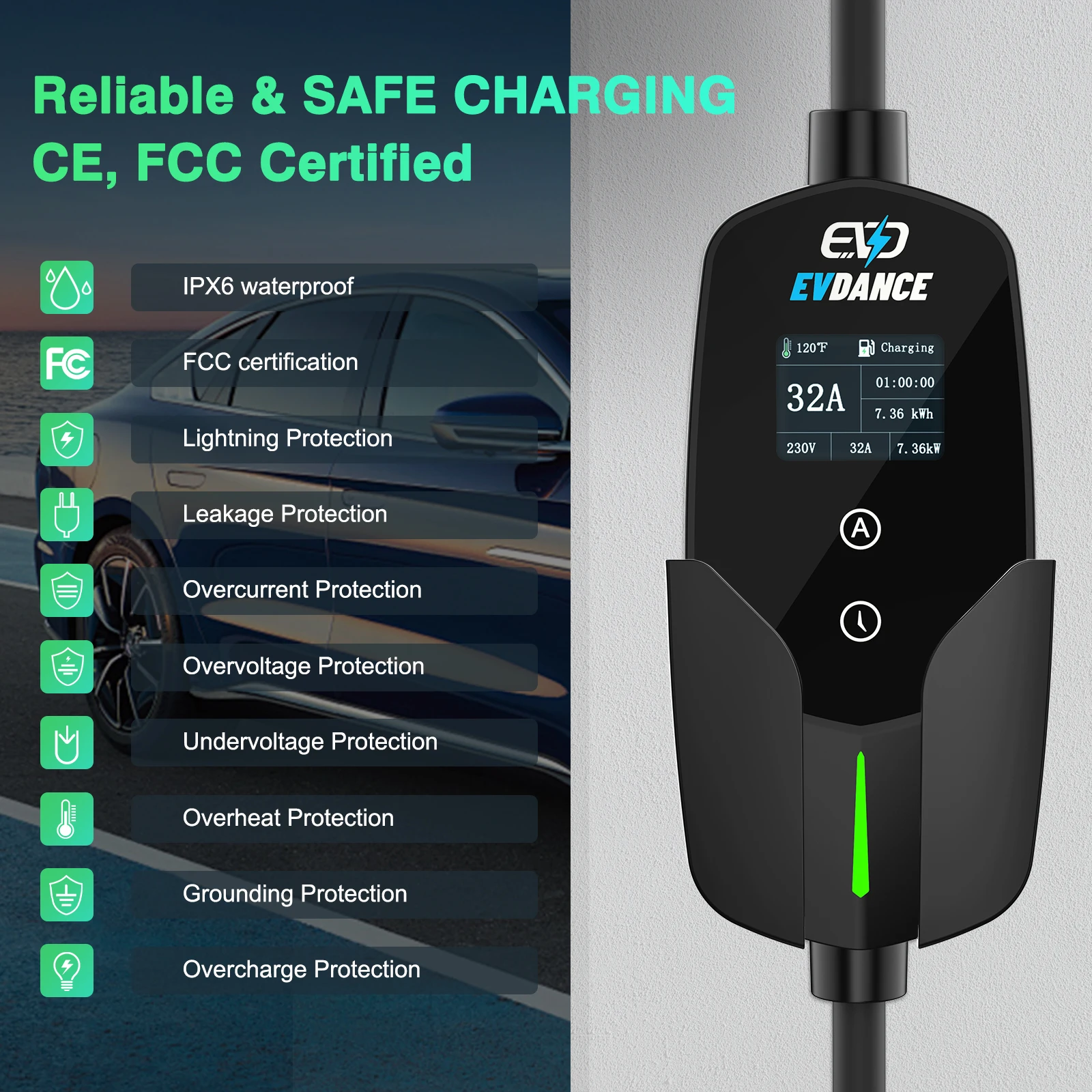 EVDANCE Portable Electric Car Chargers 32A Type2 IEC 62196-2 OLED Display Car Charging Devices with Eu Plug 20ft 7.36Kw Cable