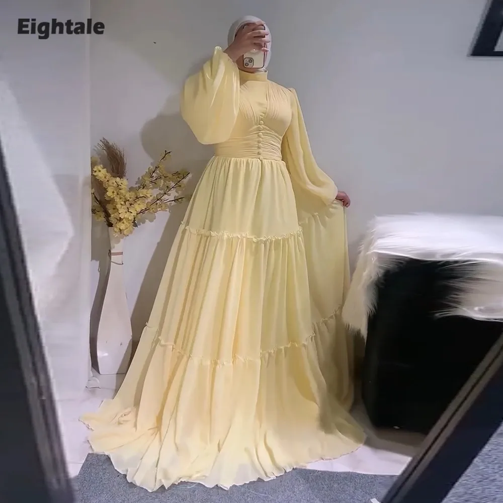 

Eightale Arabic Evening Dress High Neck Pleats Customized Yellow Chiffon A-Line Prom Wedding Party Gown