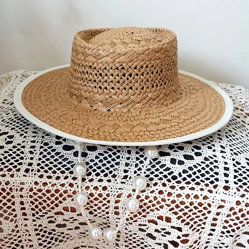 Pearls Trimmed Summer Hat Ring Top Straw Hats Sun Beach Hat Wide Brim Fedora Hats for Women UV Sun Protect Holiday Hat