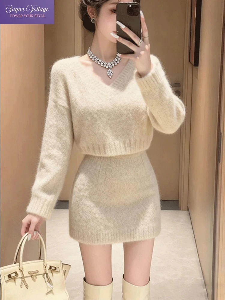 

Французский повседневный элегантный комплект из 2 предметов, женский тонкий вязаный мягкий свитер с v-образным вырезом + тонкая облегающая юбка, модный офисный женский шикарный наряд
