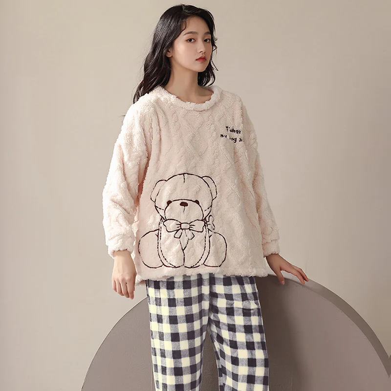 Newest Winter  Women Pajama Set Warm Flannel Sleepwear Long Sleeve Cute Cartoon Nightwear