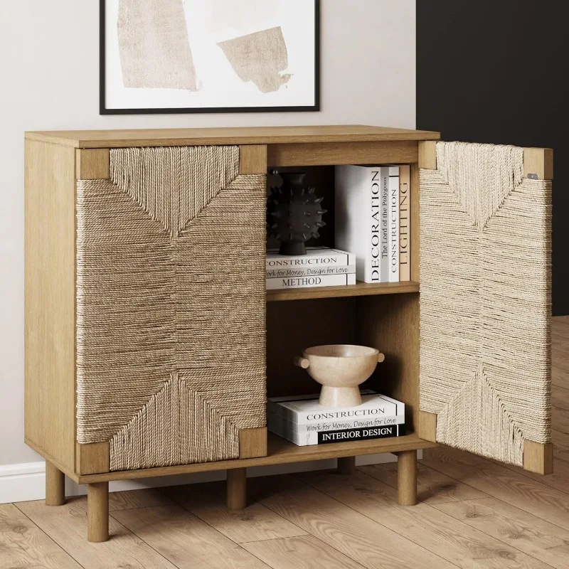 Andrew Bohemian Entryway Storage Cabinet or Kitchen Sideboard Credenza, Rattan Accent Cabinet with Metal Legs