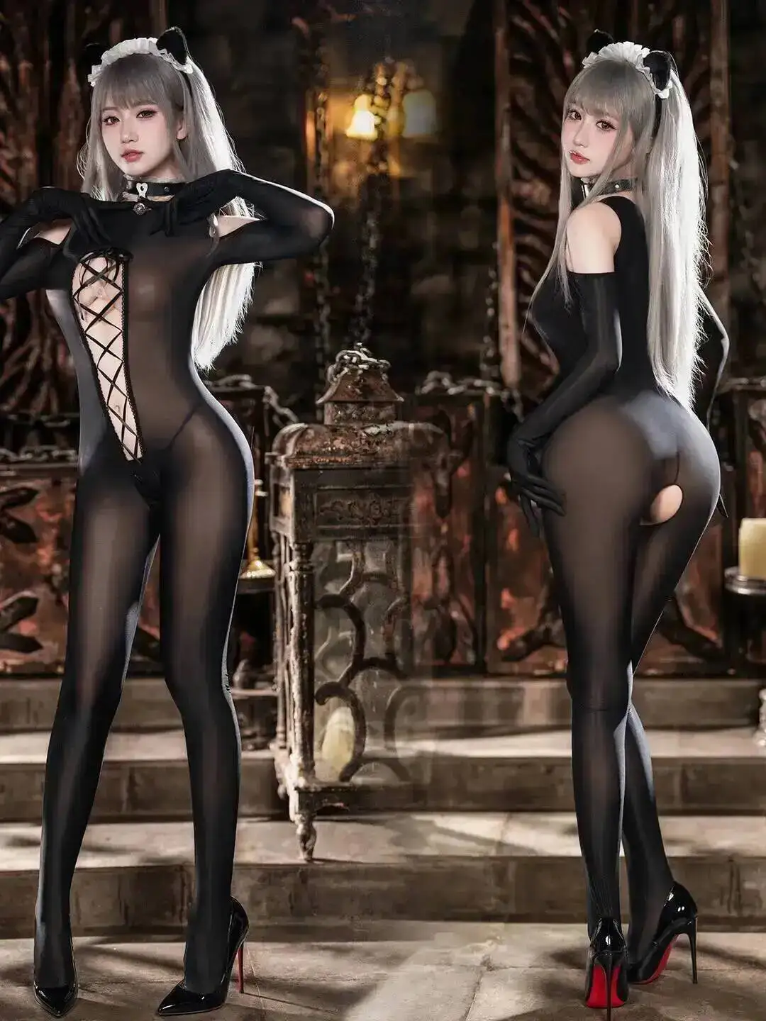 Feimu Hohl Spitze-up Offenen Schritt Glatte Body Maid Kostüm Uniform Sexy Frauen Strampler Kleidung Körper Anzüge Sexy Sheer 8SCA