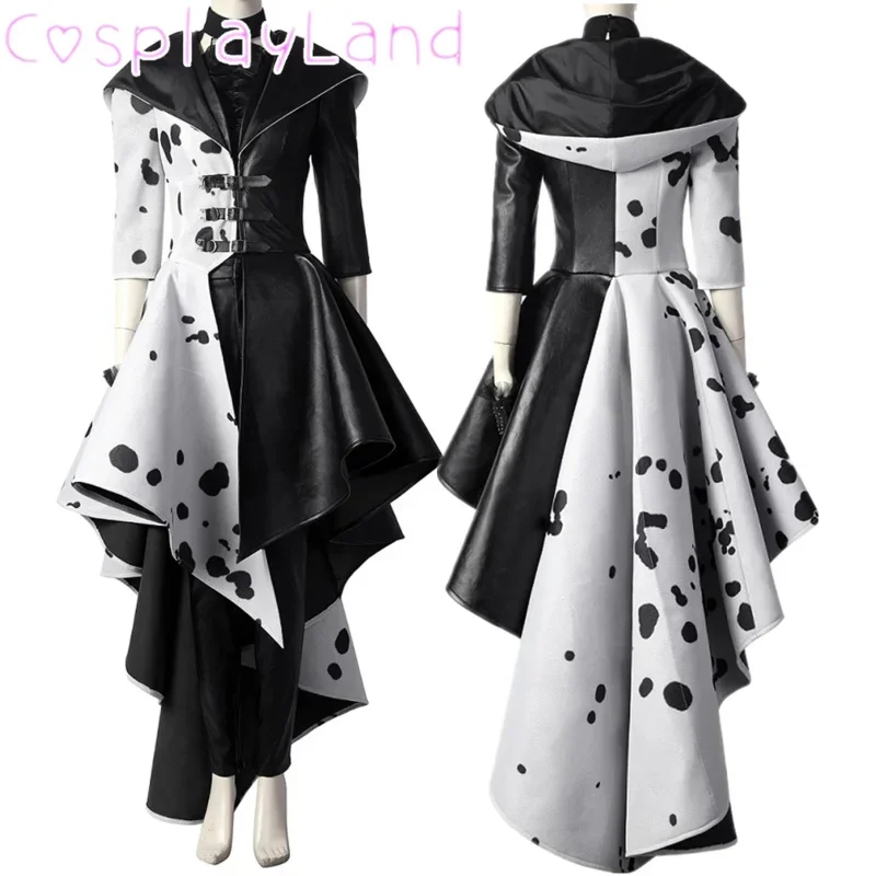 EE01 Cruella Costume Cosplay Evil Queen Black White Evening Party Dress Fashion Emma Magic Oufit Women Suit Coat Pants Glove&0Ww