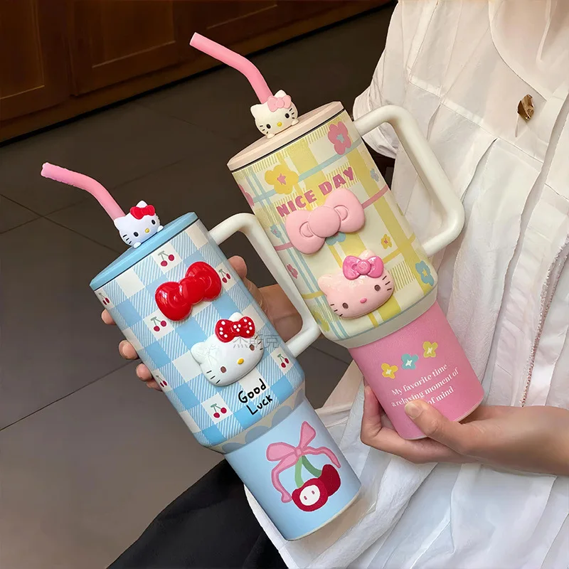 1200ml Hellokitty 304 Stainless Insulated Bottle Pink Blue Grid Coffee Cup Cold And Hot Tumbler Thermo Water Bottle Mug Gift