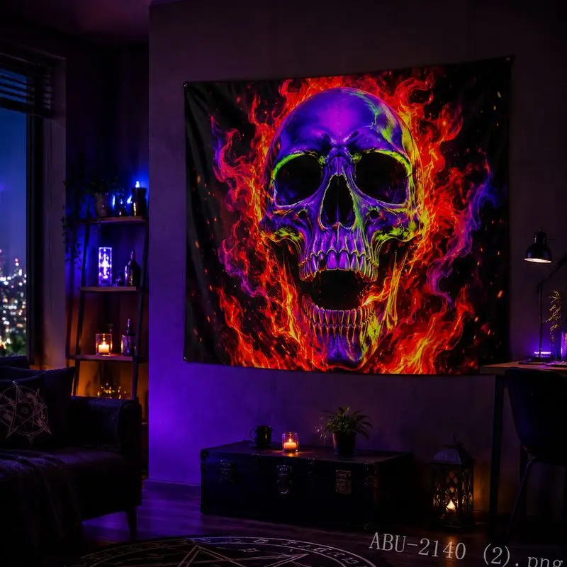VIKAMA Halloween Pumpkin Skull Black Light Tapestry psychedelic Horror Wall Hanging Bedroom Dormitory Esports Room Wall Decor