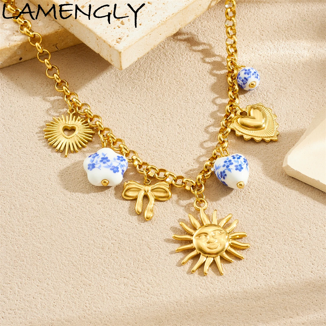 

LAMENGLY 316L Stainless Steel Geometric Lines Heart Bow Face Sun Blue Flower Pendant Necklace Women Hyperbole Trend Neck Chain