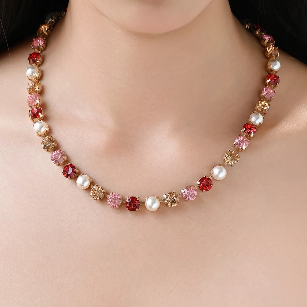 

New Rhinestone Necklace For Women Round Shape Crsytal Claw Setting Colorful Zircon Necklace Women Jewelry Gifts