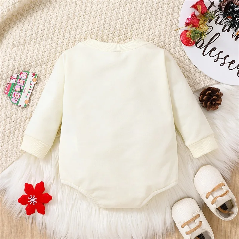 Infant Unisex Christmas Romper with Reindeer and Snowflake Print Round Neck Long Sleeve Jumpsuit for Winter Holiday Season