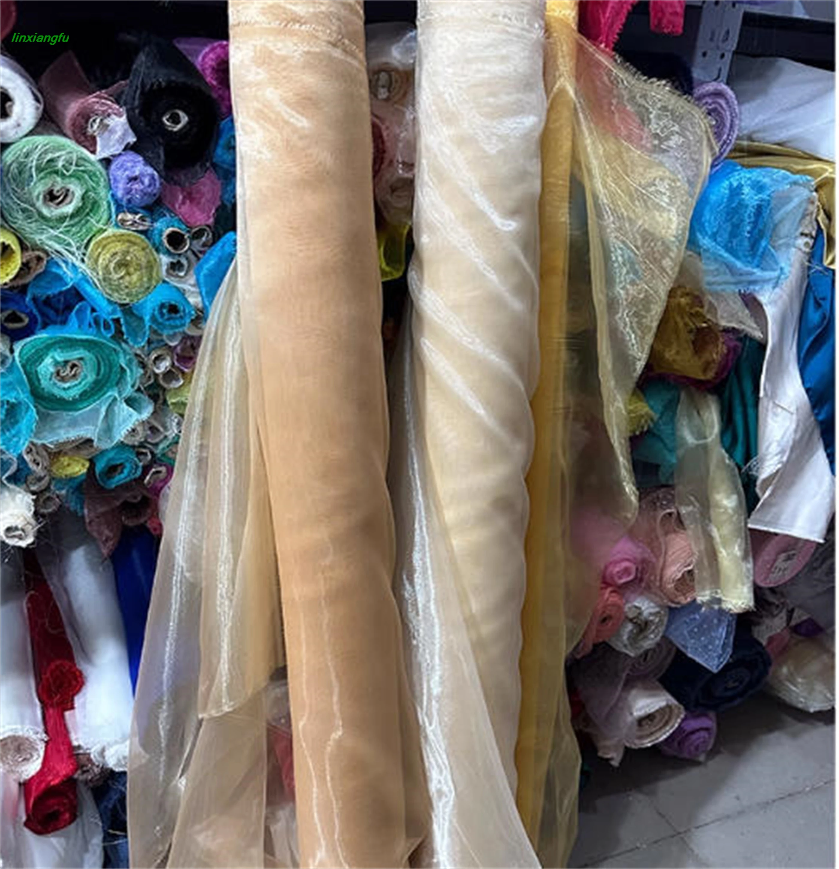 Golden white sparkling fabric, shiny slightly hard organza fabric, wedding celebration planning decorative yarn