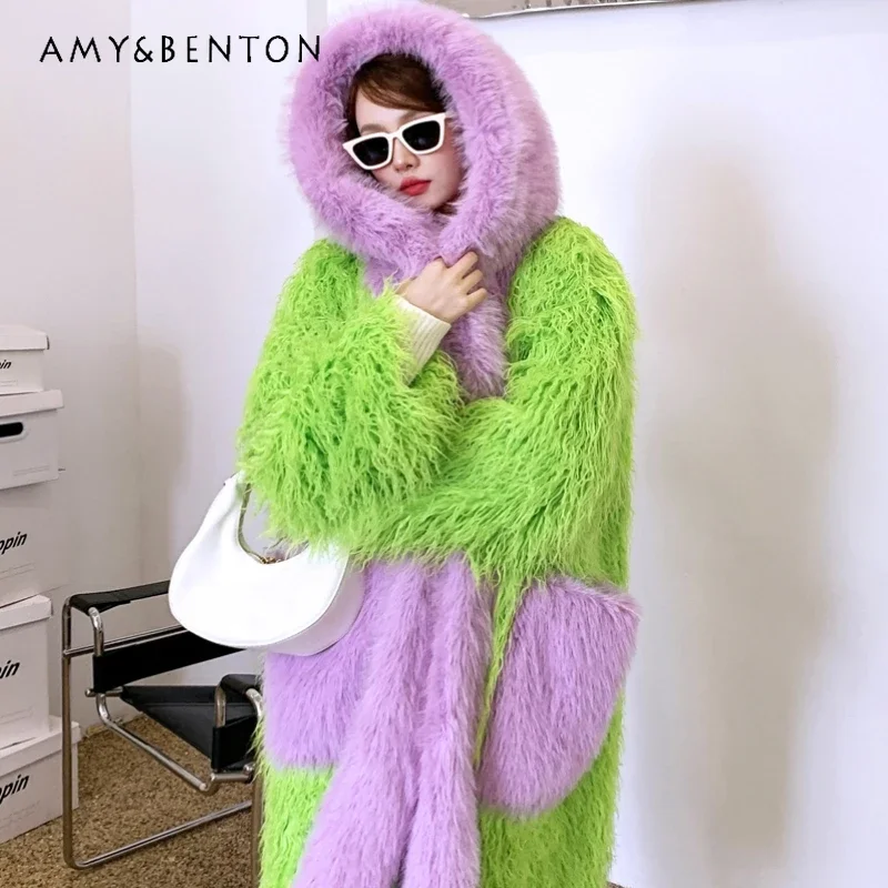 Fruit Green Faux Fur Long Loose Large Lapel Furry Chaquetas Women\'s Beach Lamb Wool Large Pocket Coat With Cotton Thick Jackets