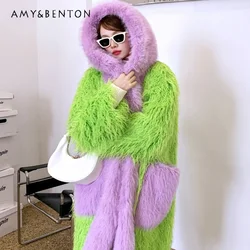 Fruit Green Faux Fur Long Loose Large Lapel Furry Chaquetas Women's Beach Lamb Wool Large Pocket Coat With Cotton Thick Jackets