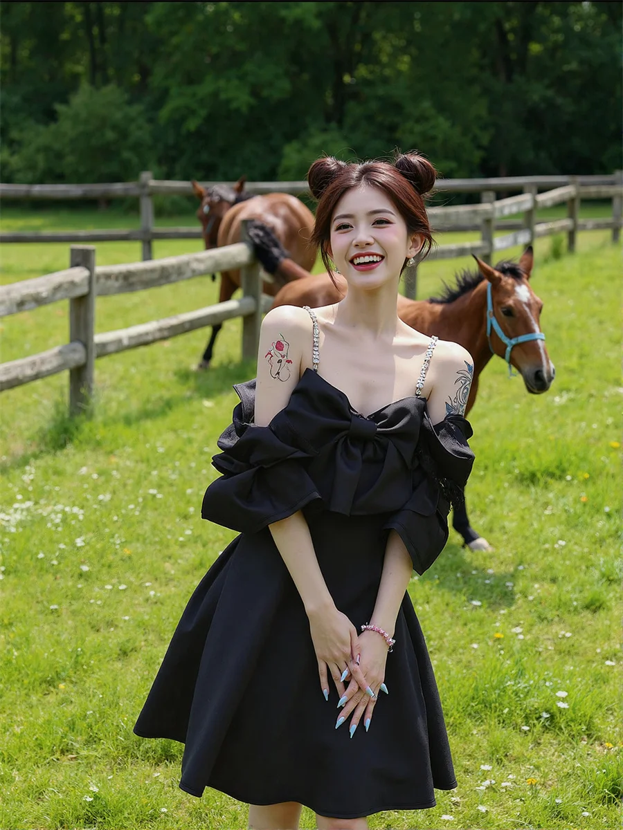 Vestido de fiesta de día para mujer, Sexy, corte en A, manga abombada, cuello en V, plisado, volantes, fruncido, capa apilada escalonada