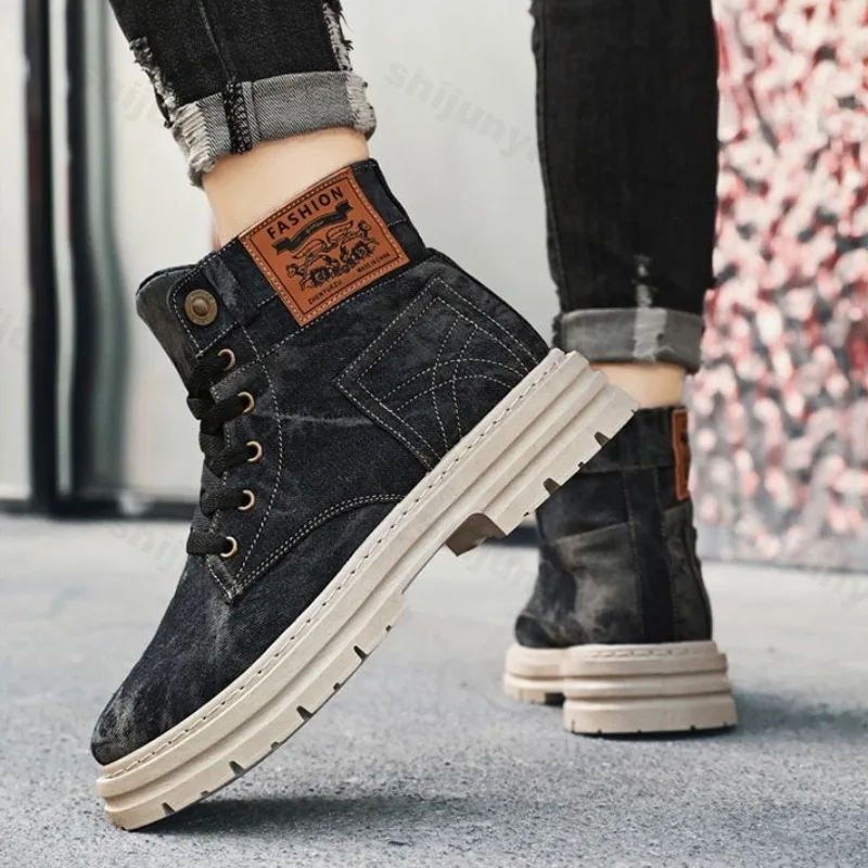 Retro-Denim-Casual-High-Top-Shorts-Stiefel mit dicken Sohlen für Herren, 2025, Herbst, britischer Stil, Mode, vielseitige, bequeme Stiefeletten