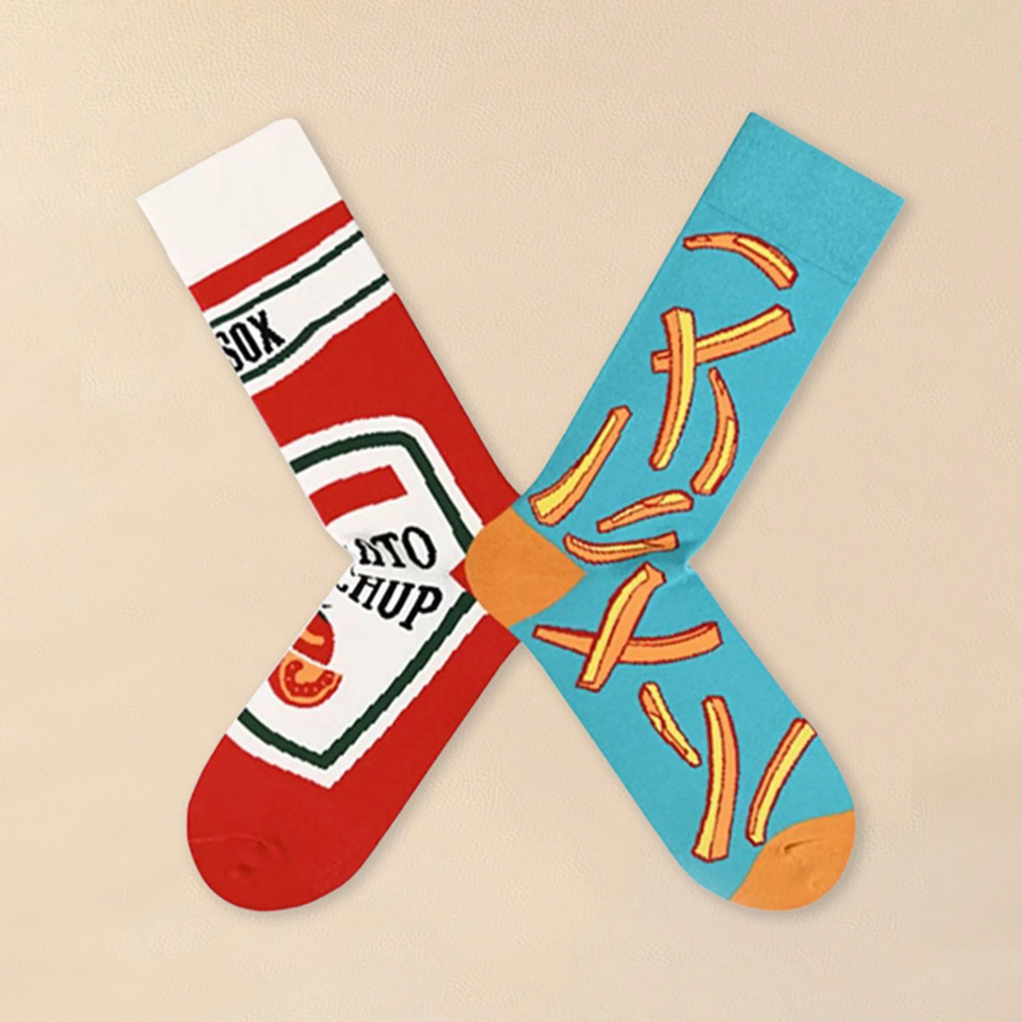 1/5Pairs Funny Tomato Fries Pattern Mid‑Calf Socks Novelty Food Design Casual Socks Unisex Personality Fashion Street Crew Socks