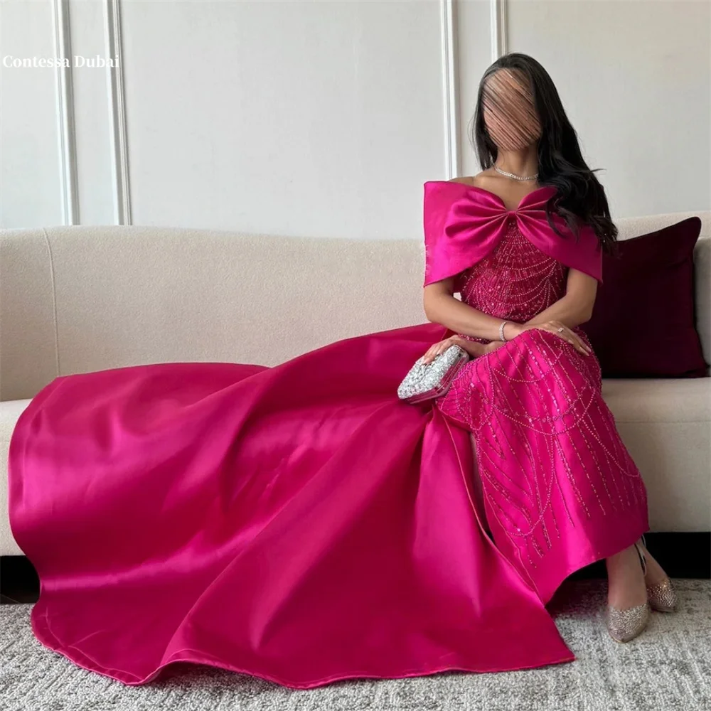 

Contessa Dubai Bowknot-Shaped Shoulder Strap PromDresses Rose Red Beaded Embellishmentفساتين سهراتColumn Train robes de soirée