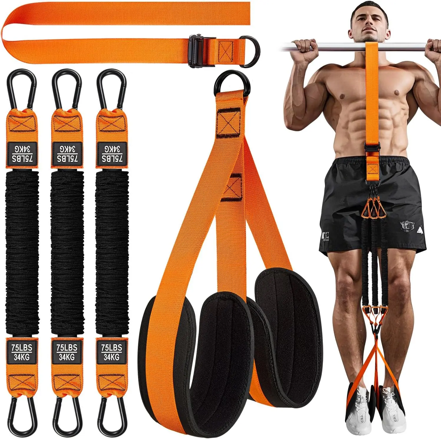 Bandes d'assistance pour tractions Two Foots, Bande de résistance robuste pour barre de traction, Poids/taille réglables avec protections en tissu pour pieds/genoux