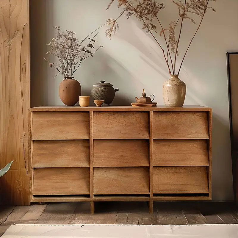 

High-end teak nine-chest cabinet medieval solid wood dining side cabinet wabi sandy wind log locker storage cabinet designer