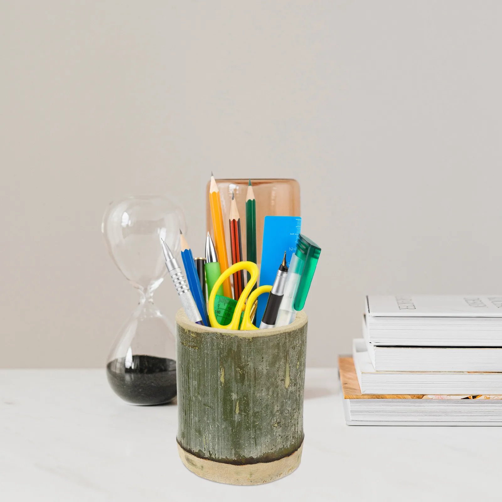 

2Pcs Desktop Pen Holder Bamboo Material Compact Design Multi-Function Stationery Container for Office Home Study