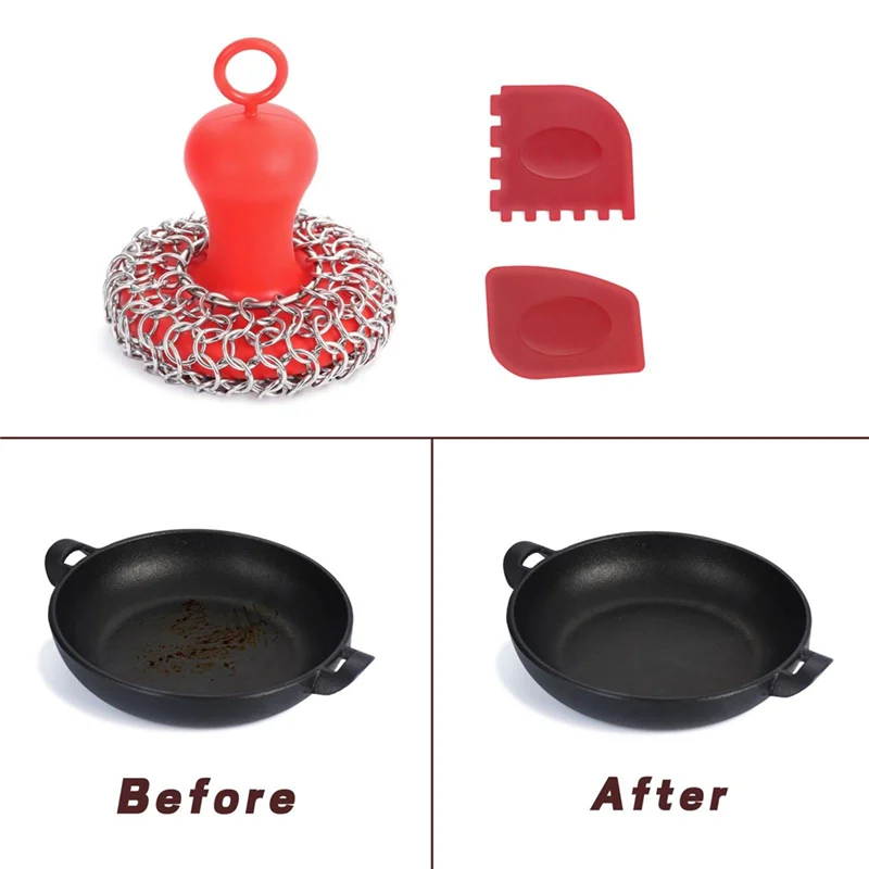 B52C Cast Iron Chainmail Scrubber + Pan Scraper, Stainless Steel Skillet Cleaner, Scraper Tool for Cast Iron Pans Red