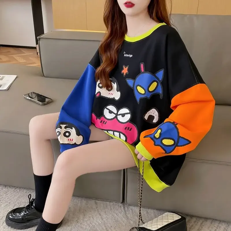 Cartoon new 2024 autumn Korean  hoodie women's coat round neck contrasting printed top fashionable  women's fashion trend