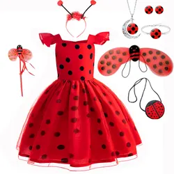Toddler Girl Little Beetle Dress Ladybug Cosplay Costume Mask Wig Earrings Kids Halloween Fancy Costume Children Party Dress
