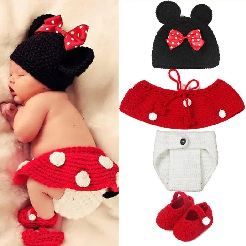 4pcs/sets Halloween Costumes Baby Photography Clothing Handmade Knitting Mickey Hat Short and Shoes Christmas Photoshoot Outfits