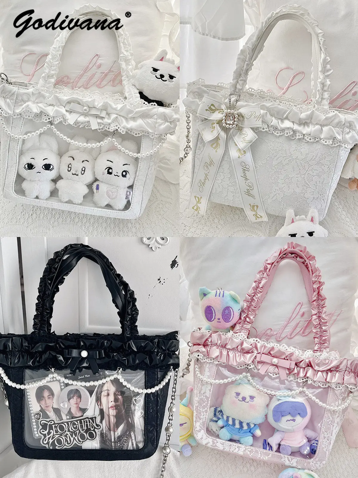 

Original Design Lace Bow Pearl Chain Pain Bag Sweet Girl Women's Sweet Satchel Shoulder Bag Portable Totes Ita Bags