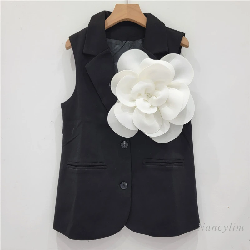 European Style 2024 Spring and Autumn Black Three-Dimensional Flower Suit Vest for Women Street Youthful-Looking Loose Waistcoat