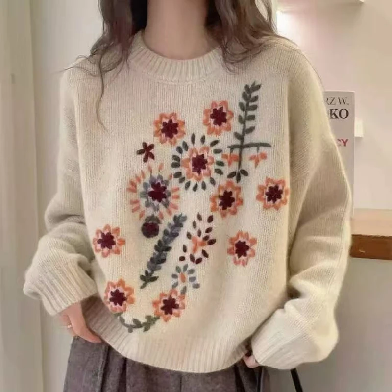

Вязаный пуловер с цветочной вышивкой в стиле ретро, женский свитер на осень-зиму, удобный дышащий повседневный свободный трикотаж, топы, джемперы