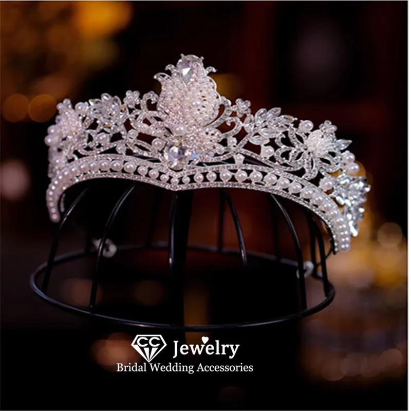 

CC Luxury Crowns Wedding Hair Accessories Women Headpiece Engagement Hairwear Rose Shape Imitation Pearl Tiaras Headbands AN389