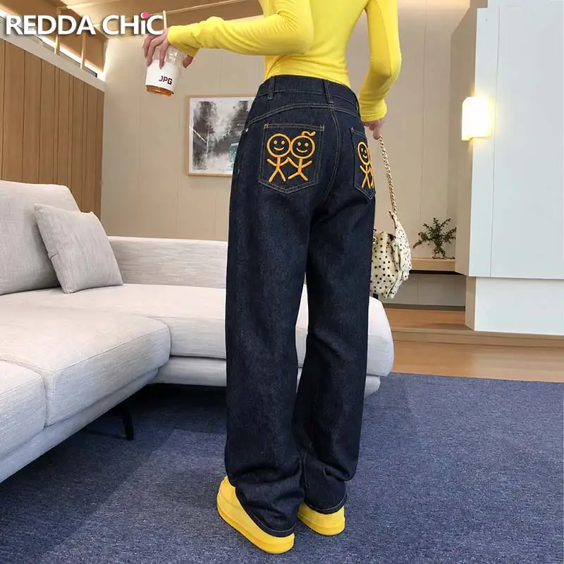 ReddaChic Contrast Stick-Figure Wide Leg Jeans for Women Cute Embroidery Wide Leg Straight Low Rise Denim Pants Korea Streetwear