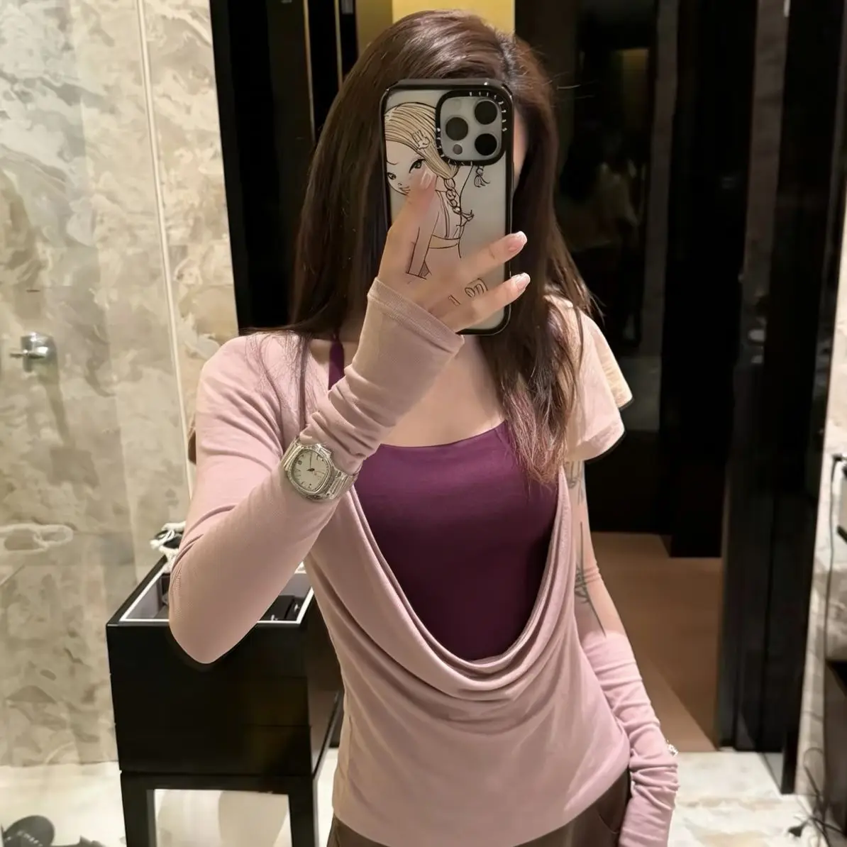 

Ladies Long Sleeve Neck Hanging T-Shirt Set Pure Desire Style Slimming Design Spring New Arrival Fashionable Top And Bottoms