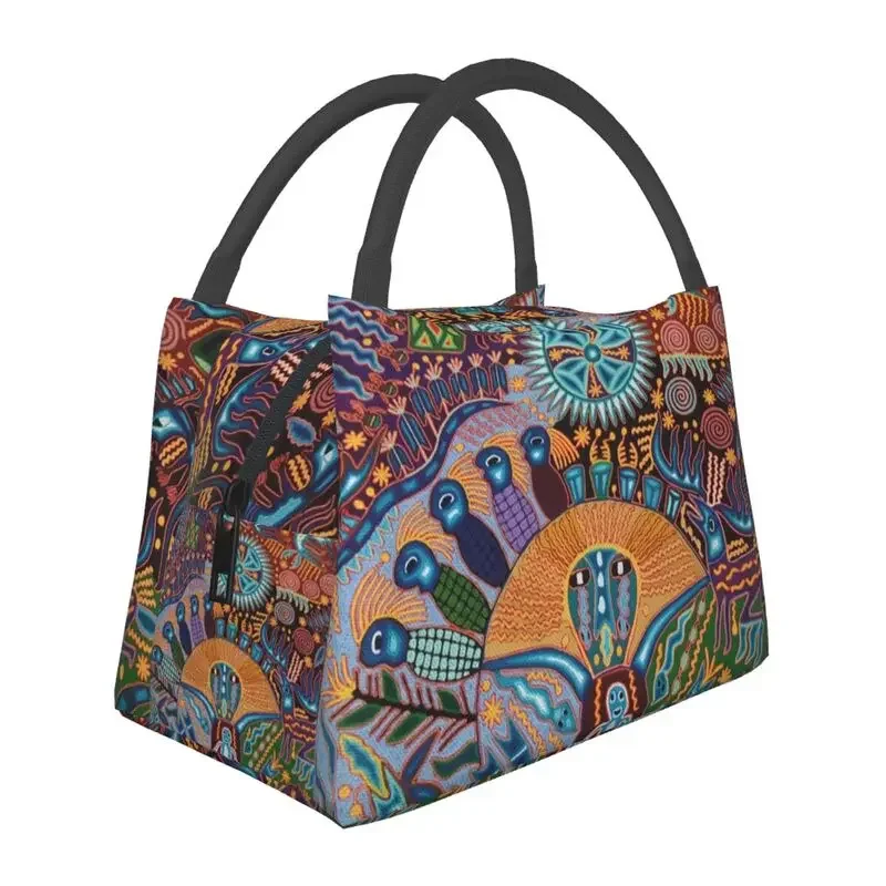 Huichol المكسيكي الفن معزول حقيبة حمل الغداء للنساء المكسيك الجمجمة السفر الإسبانية الحب الأسود المحمولة برودة الحرارية بينتو صندوق #1
