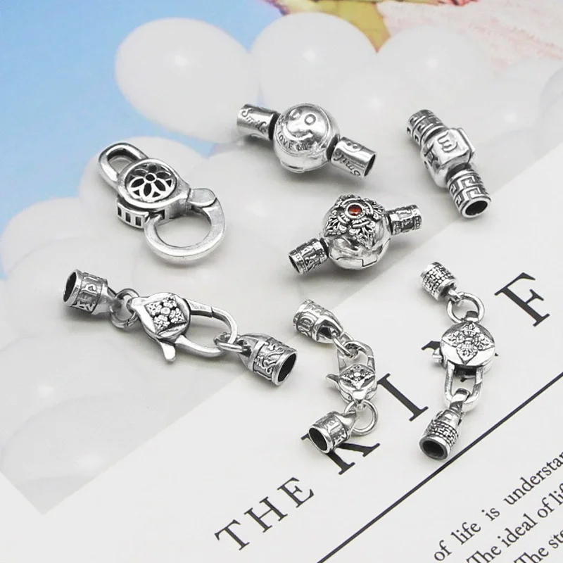 

S925 pure silver buckle clip handmade DIY woven bracelet necklace six character mantra diamond pestle connecting buckle