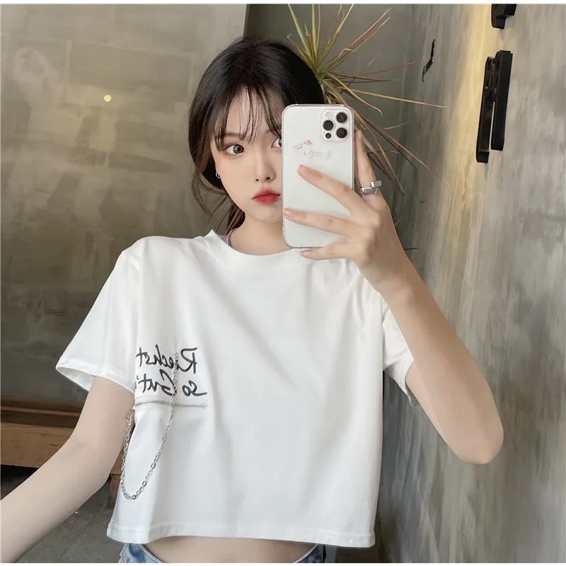 NOVEDAD DE VERANO 2021, camiseta de manga corta para mujer con estampado de letras y cremallera, Tops cortos básicos que combinan con todo, ropa de calle Y2K, camisetas de moda
