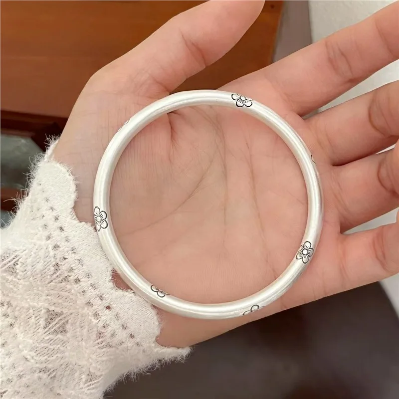 

9999 Plum Blossom Solid Bracelet Women, Closed Antique Silver Bangle Jewelry
