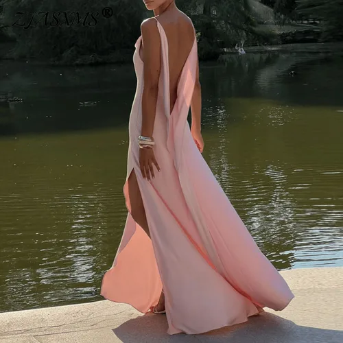 Vestido de fiesta elegante de cintura alta con abertura para mujer, vestido largo sexi liso sin espalda y sin mangas, novedad de verano 2021, Vestidos de noche elegantes con tirantes