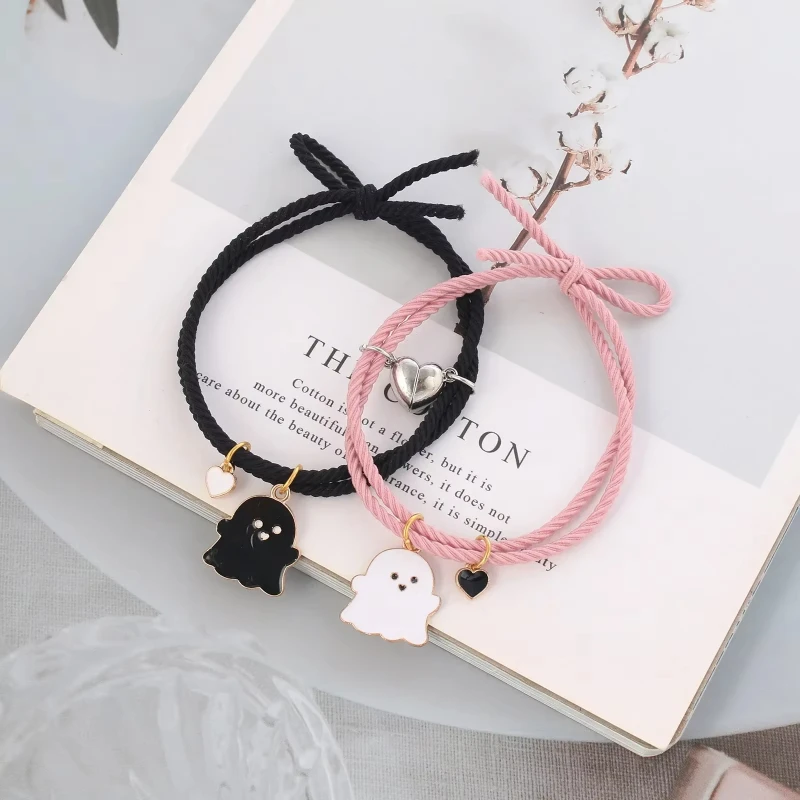 2Pcs/Set Ghost Braided Bracelet for Lovers Long Distance Heart Magnet Couple Bracelets Friendship Fashion Jewelry Gift