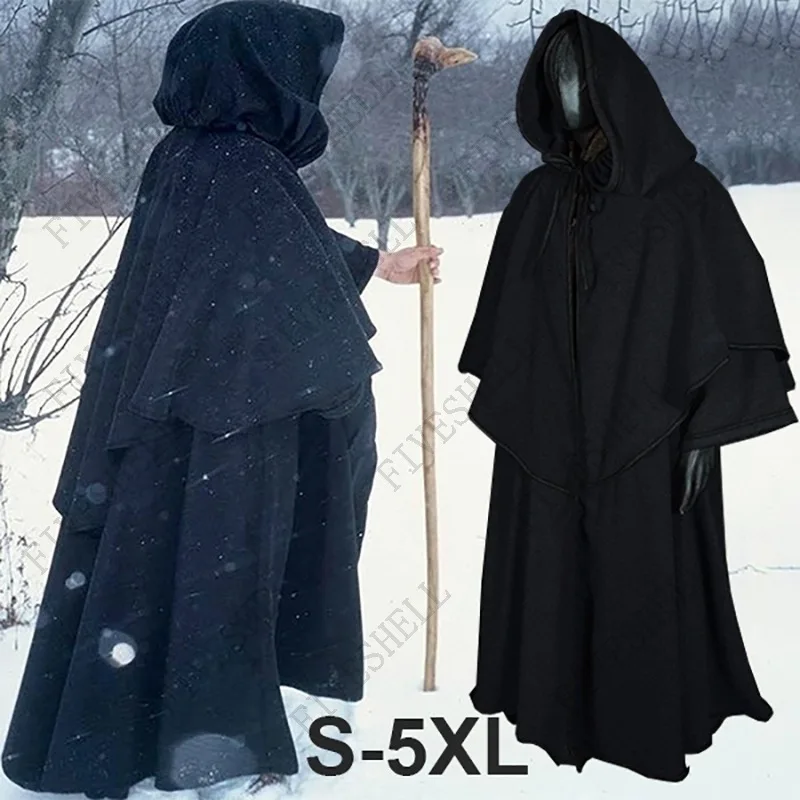 2023 Middeleeuwse Hooded Robe Halloween Volwassen Monnik Mantel Lange Mouwen Wizard Gids Mantel Cosplay Kleding Stadium Drama Kostuum