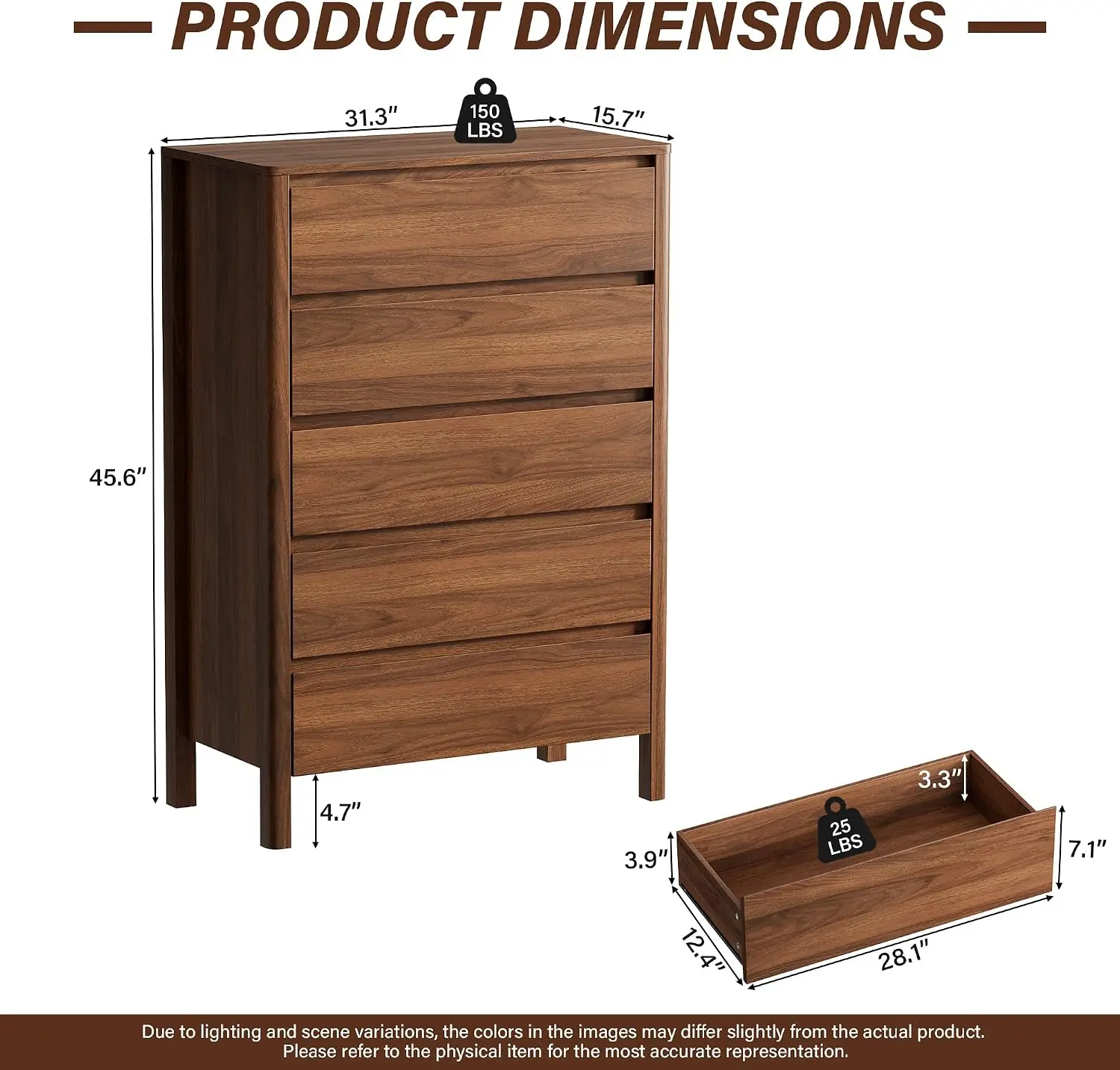 Five Drawer Wooden Storage Cabinet Vertical Tall Chest Of Drawers Organizer Unit With Solid Wood Legs Furniture For Bedroom Living Room Closet Entryway Walnut Brown One Pack view 2