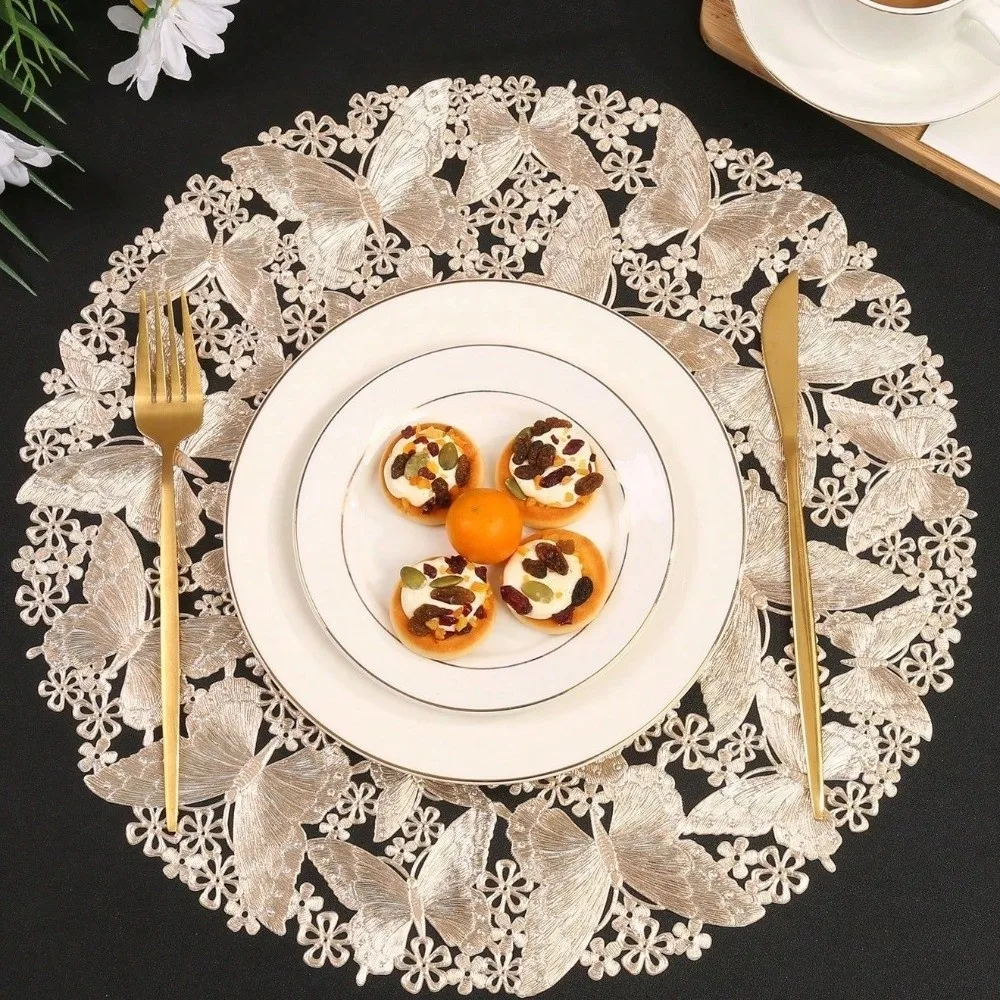 

2 Pieces Hollow Out Butterfly Place Mats Non-Slip Wear-Resistant Round Table Mat Oil-proof Heat Resistant Coaster Desktop