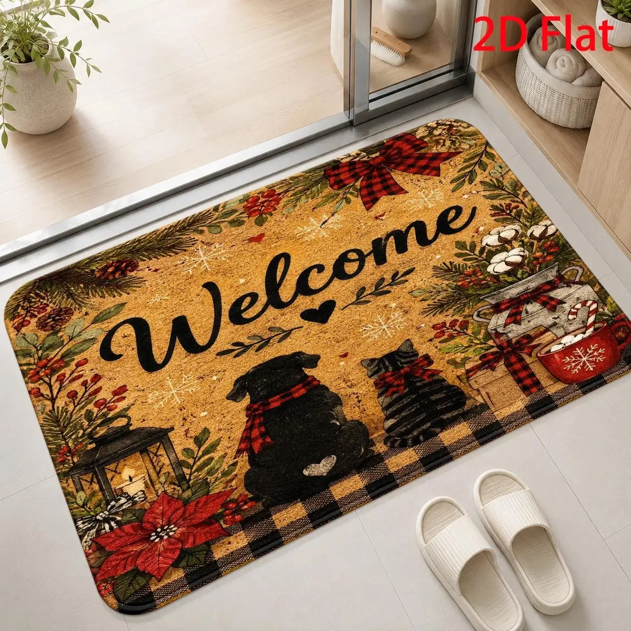 Puppy Face Paw Print Welcome Door Mat Brown Beige Fur Detail Non Slip Washable Carpet For Pet Lover Home Entrance