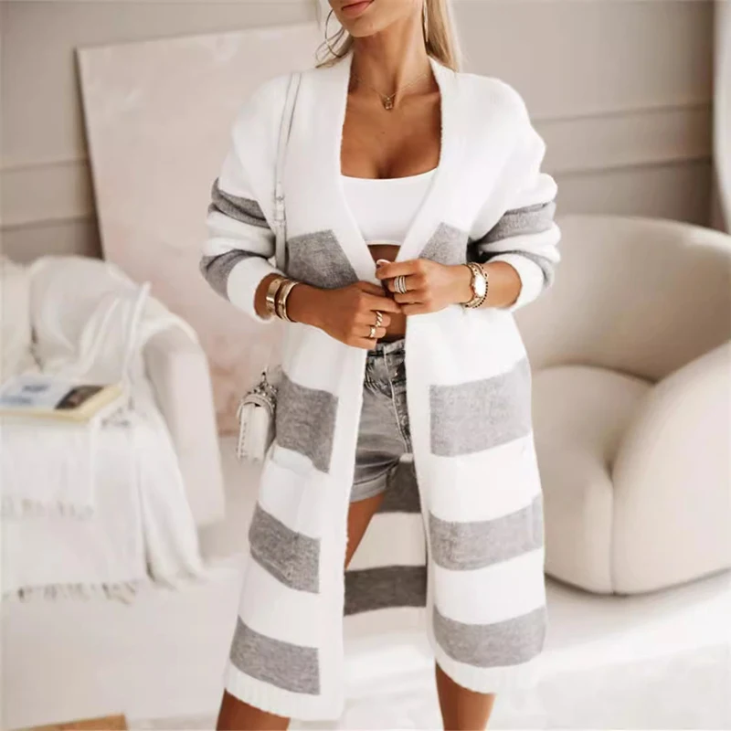 

Autumn Contrasting Color Loose Knit Sweater Casual Women V-neck Pocket Commuting Cardigan Fashion High Street Long Sleeved Coat