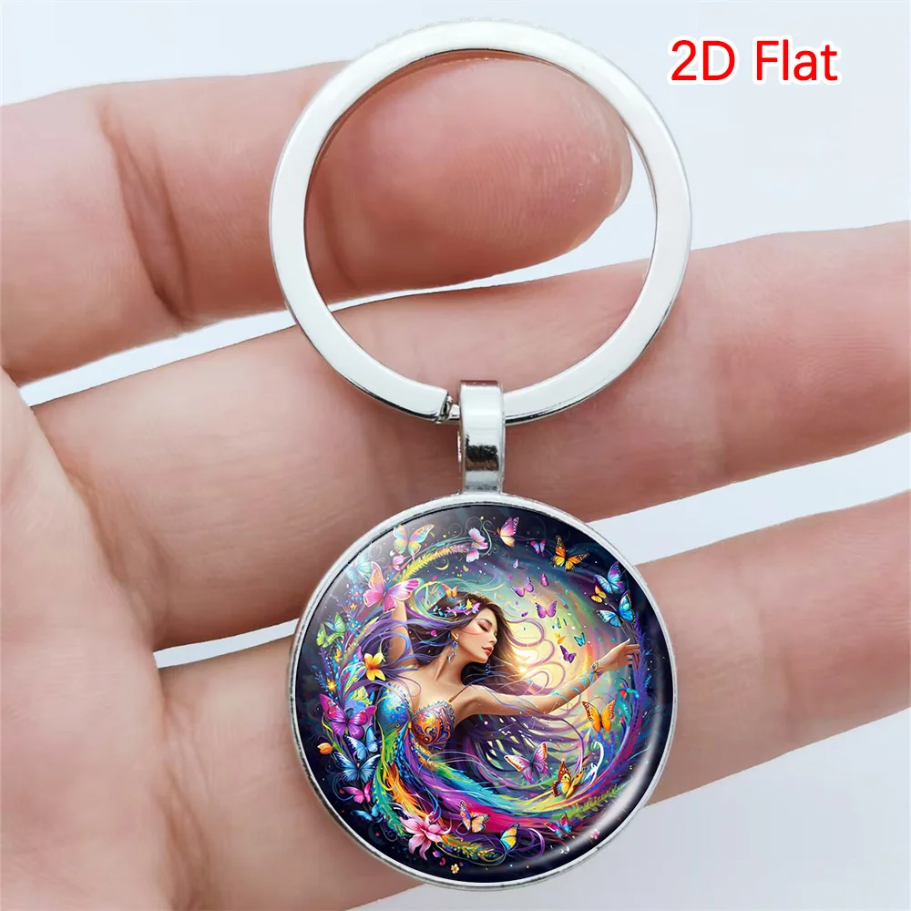 Colorful Butterfly Goddess Time Gem Keychain Round Glass Cover Key Ring Ladies Bag Hanging Ornament Pendant Fashion Jewelry Gift