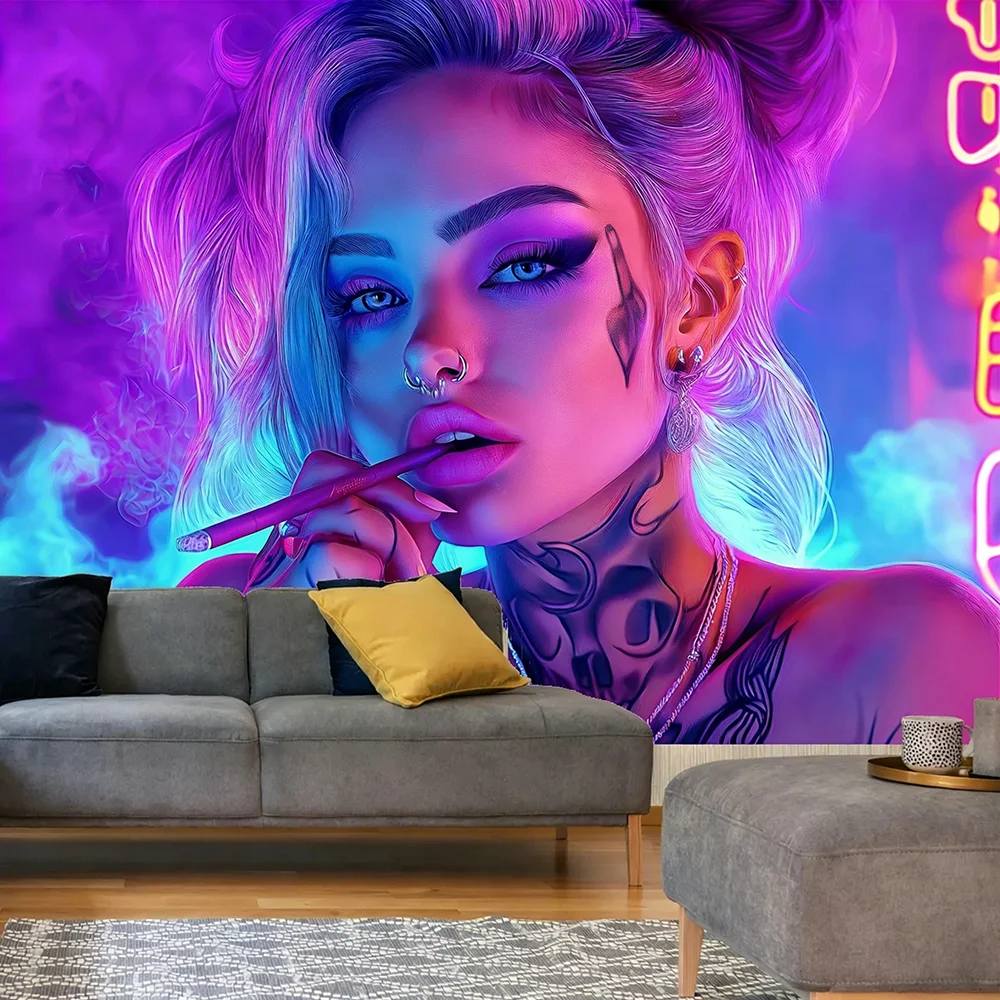 Glow-in-the-Dark Tapestry with Stylish Women UV reaction tapestry background decoration wall hanging bedroom party decoration