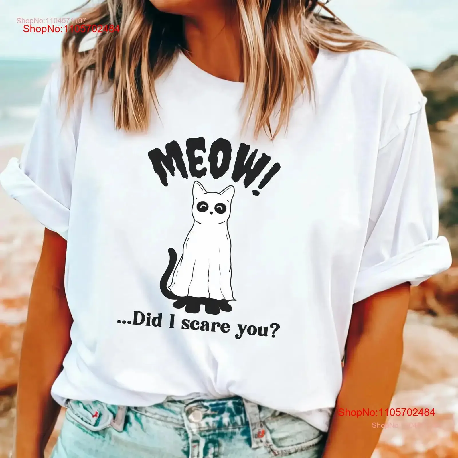 Meow Did I Scare You T Shirt Cute Cat GhosT Halloween Lover Mom Spooky Season Funny vintage Washed Unisex Versatile Comfortable